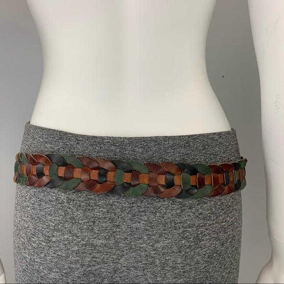 Braided Circles Leather Belt Green Brown Black - Picture 4 of 7